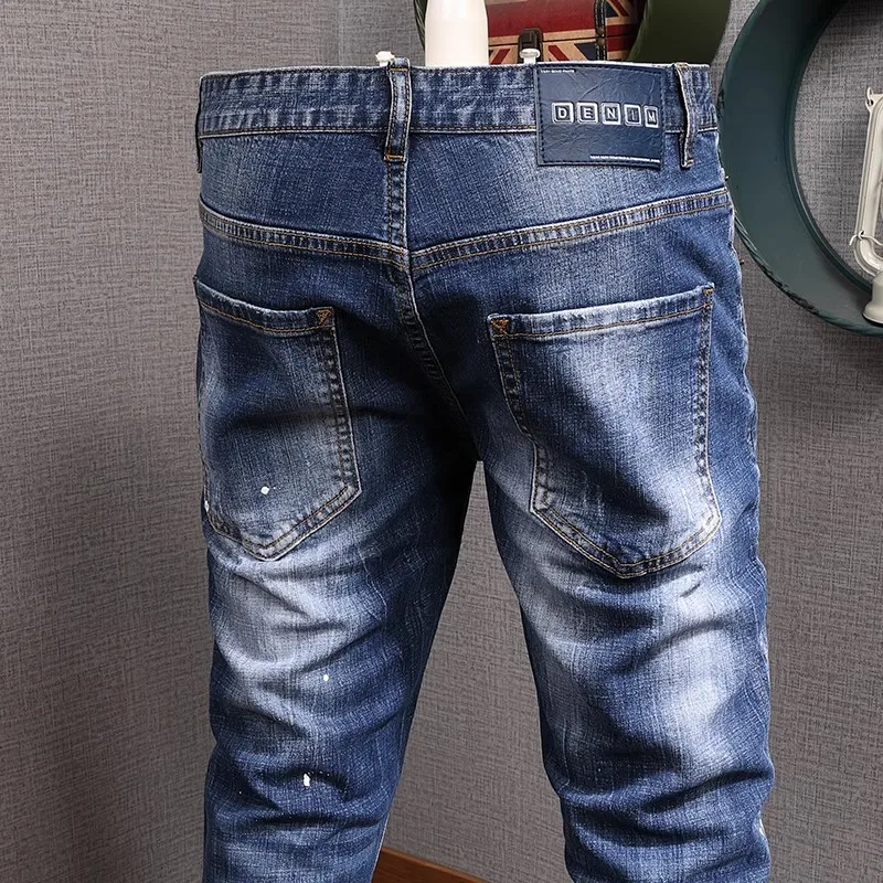 Street Fashion Men Jeans Retro Washed Blue Elastic Stretch Slim Fit Ripped Jeans Men Korean Style Vintage Designer Denim Pants