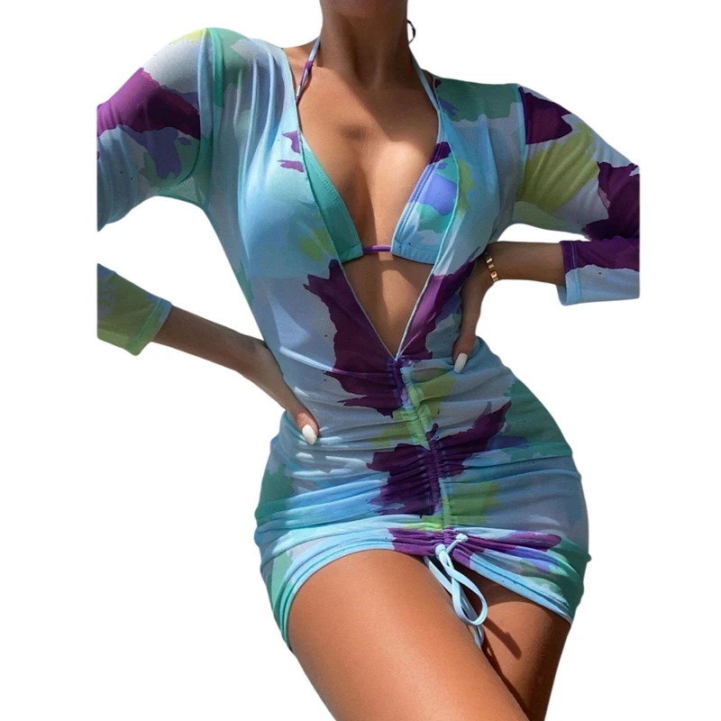 

3 шт., женский купальный костюм с V-образным вырезом и длинным рукавом