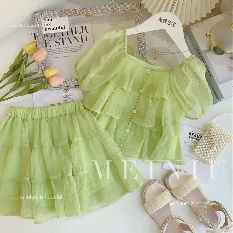 

Chiffon Girls Clothes 2023 Breathable Summer New Clothes Square Toe Short Sleeve Blouse Skirt Fashion All-match Two Piece Set