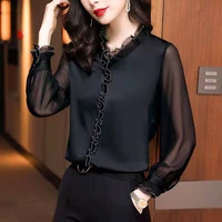 2022 womens spring autumn vintage black blouse butterfly sleeve turn down collar shirt elegant solid color tops slim lace shirt