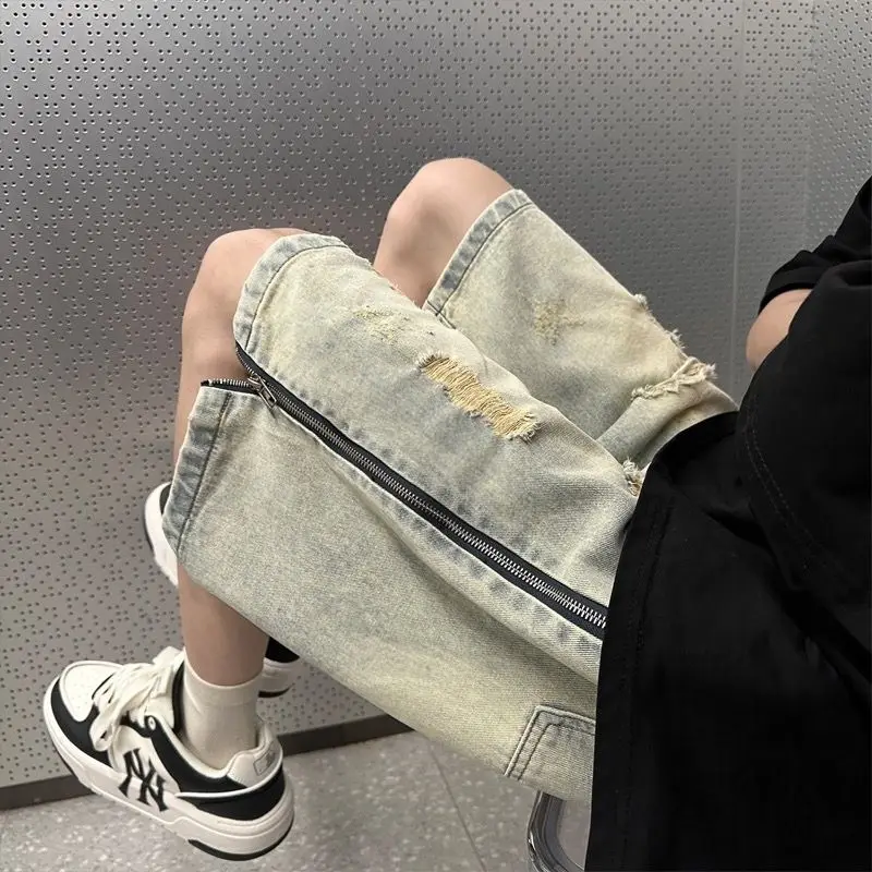 Men's Women's Denim Shorts Retro Ripped Shorts Super Large and Old Frayed Denim Five-point Pants 2023 New