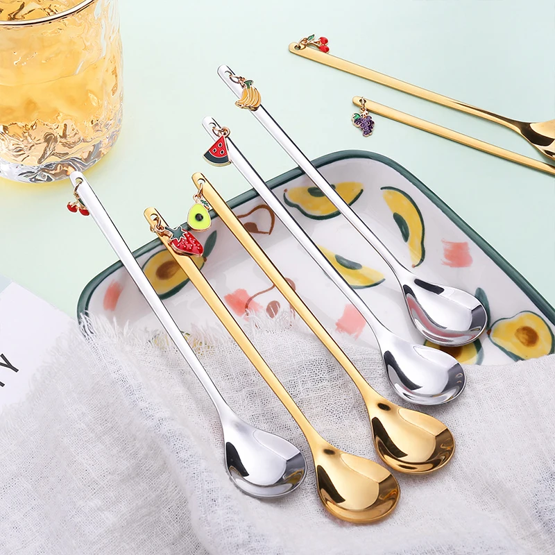 Creative Coffee Spoon Stainless Steel Gold Silver Scoop Fruit Pendant Ice Cream Spoon Cutlery Dinnerware Christmas Gifts