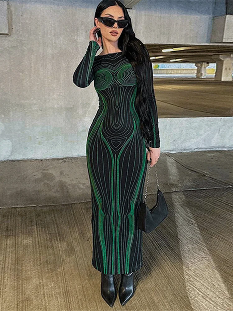 

Ladies 3D Stripe Sexy Club Wear Y2K Clothes Long Sleeve O-Neck Bodycon Maxi Dresses For Women Party Vacation Elegant Fall Outfit
