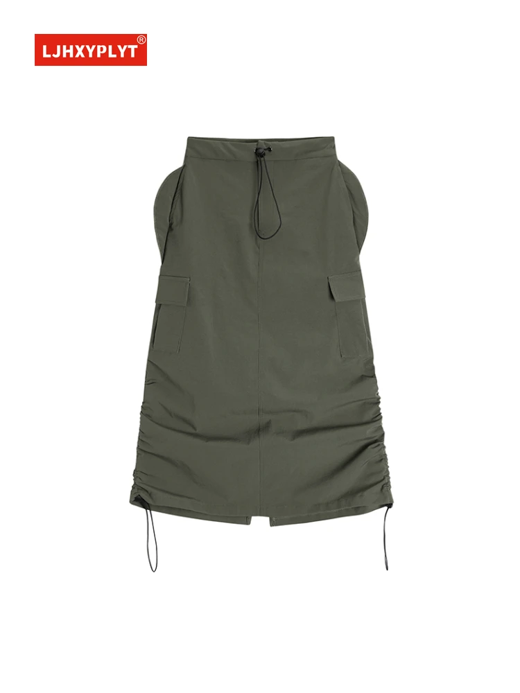 

Panelled Pocket Drawstring Low-rise Green Skirt Women's Spring Summer Streetwear Loose Mopping Cargo Mid-length Skirt Female