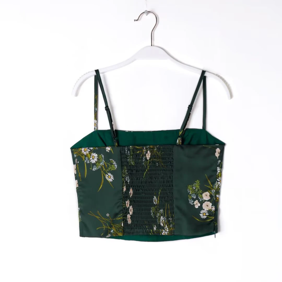 Женский атласный корсет на шнуровке зеленый топ с цветочным принтом в стиле