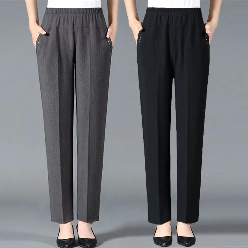 2023 Middle Aged and Old Women Spring Autuum Pant Thin Elastic Waist Loose Cotton Mother Long Casual Trousers Plus Size X21