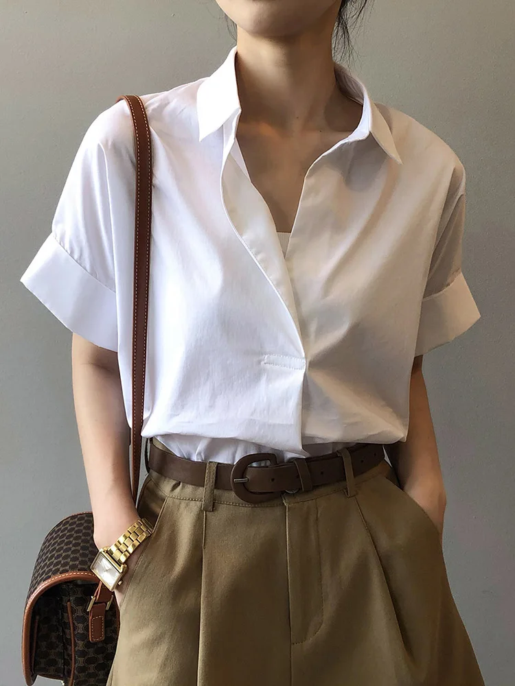 

Korean Short-sleeved Shirt Women's 2022 Summer New Solid Color Fashion Loose Pullover Shirt Womens Tops F078