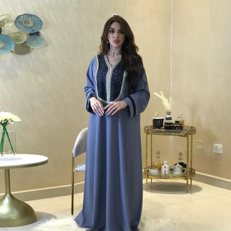 Muslim Fashion Dress Southeast Asia Lace V-Neck Temperament Middle East Moroccan Kaftan Abaya Kimono Islamic Clothing Jalabiya