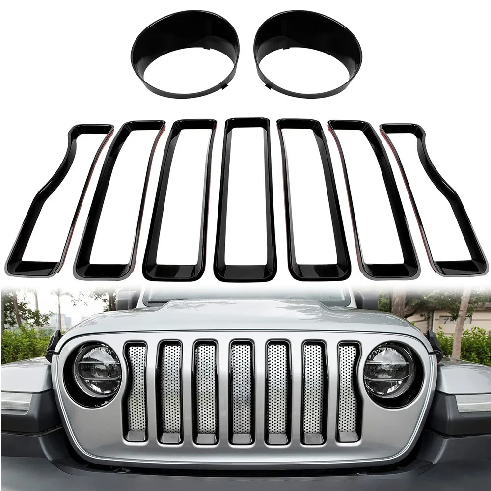 For 18-21 Jeep Wrangler JL Gladiator JT Headlight Cover Trim With Front Mesh Grille Grill Insert Exterior Accessories