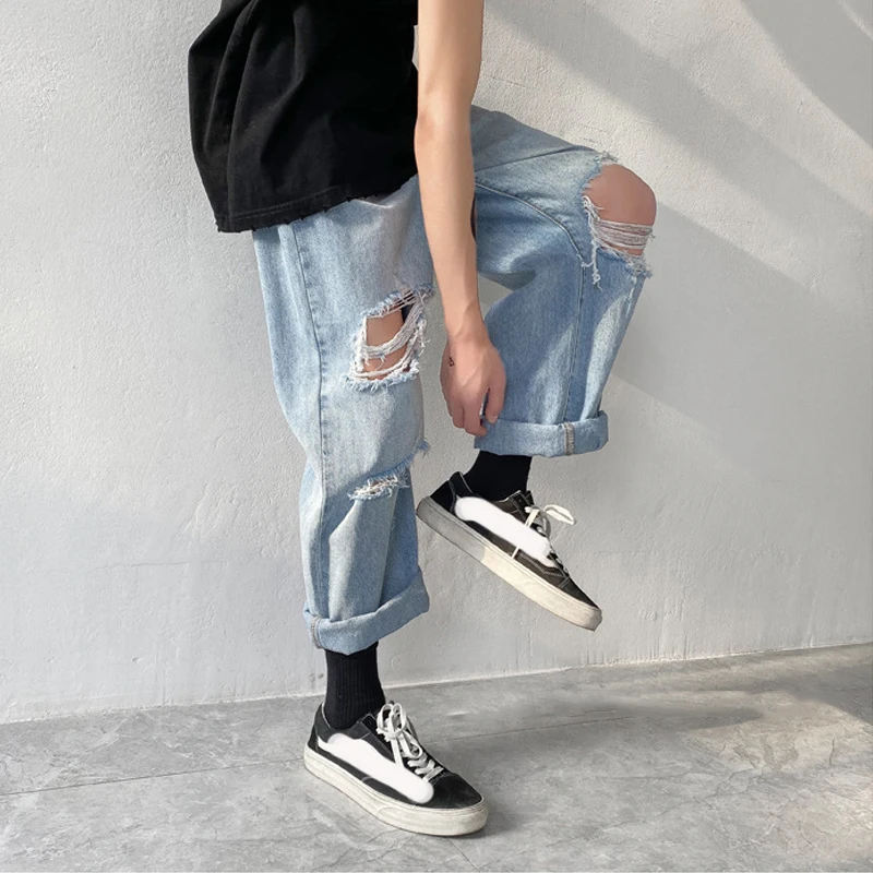 Men Jeans Wide leg Straight Oversize 3XL Y2K Man Hole Ripped Jeans Streetwear Denim Trousers Mens Loose Casual Harajuku Pants