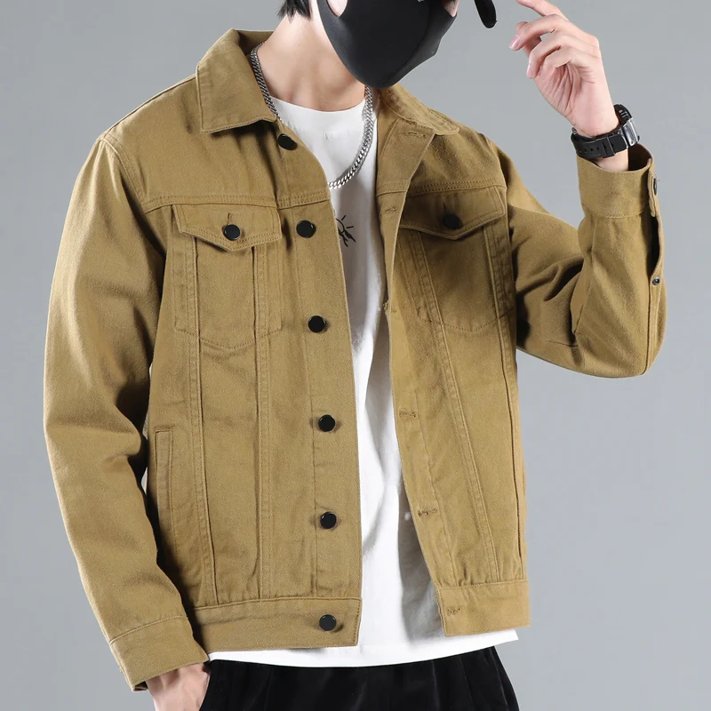 Denim Jacket Fashion Brown Jacket Loose American High Street Tooling Coat Wild Single-breasted Simple Large Size Male Clothes