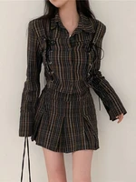 qweek green plaid mini skirts y2k bandage long sleeve checked shirts button up two peice set women vintage street pleated skirt