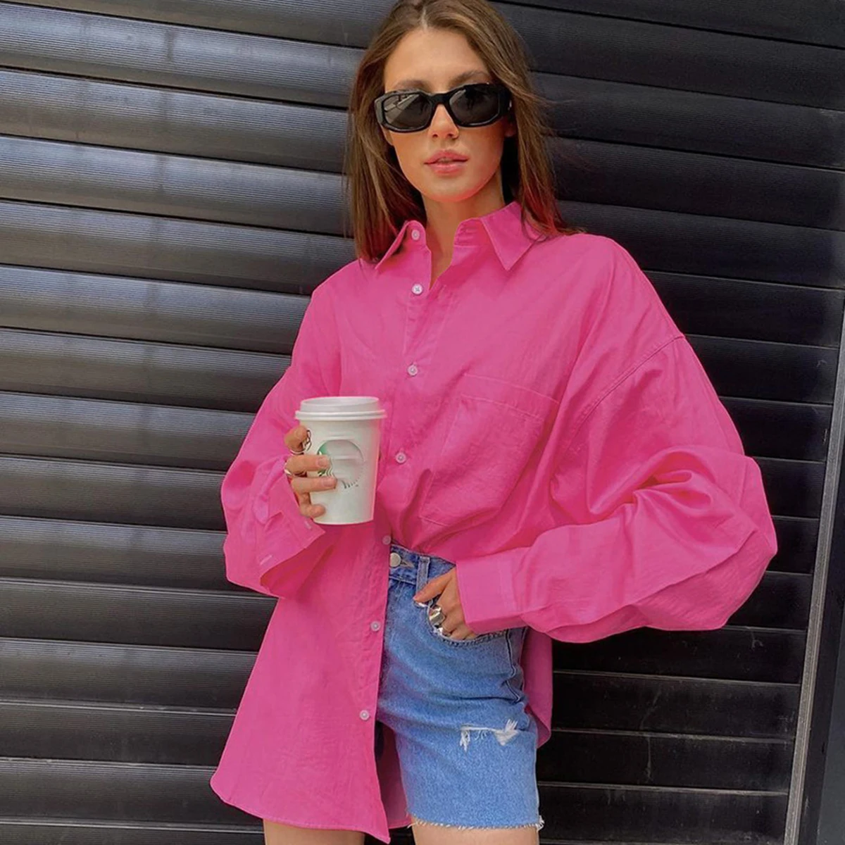 

Блузка Jyate женская оверсайз, однобортная рубашка с длинным рукавом, Свободная Повседневная модная сорочка, розовый цвет, весна-осень 2022