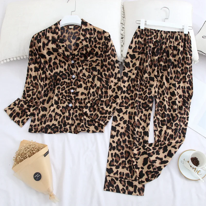 Fashion women long sleeve pajamas fall ice silk printed long-sleeved pants suit fashion pajamas