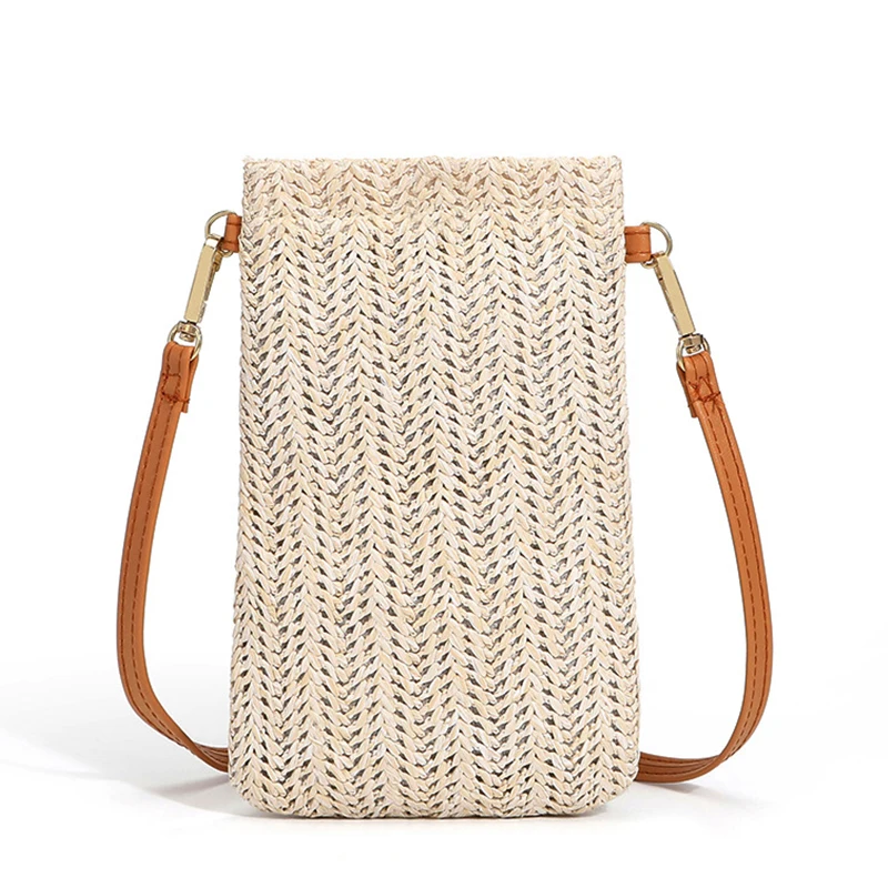 

Fashion Woven Straw Ladies Crossbody Messenger Bag New Trend Summer Beach Rattan Shoulder Pack Small Solid Mobile Phone Purse