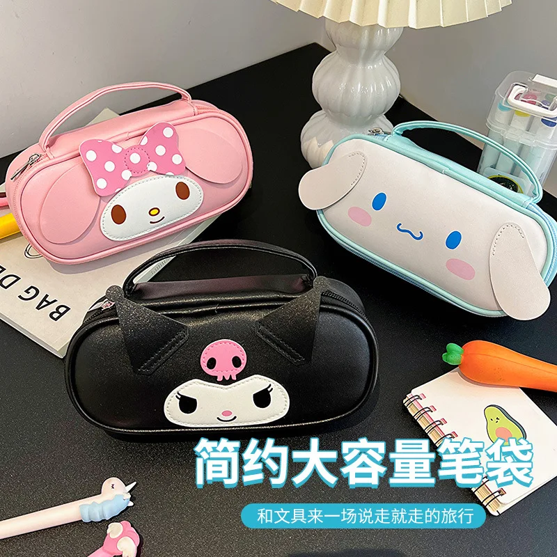 

New Sanrio Kuromi My Melody Cinnamoroll Large-capacity Portable PU Leather Stationery Box Student Cartoon Storage Pencil Bag
