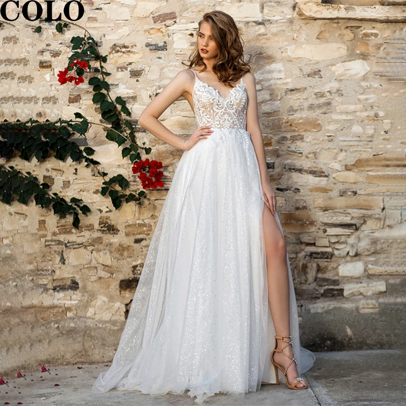 

Women's Dresses Sparkly Sexy Boho Wedding Dress 2022 For Bridal Spaghetti Straps Tulle Beach Bridal Gown High Slit Backless
