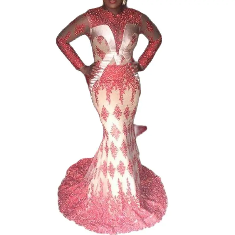 Нигерийские вечерние платья O Neck robe de soiree с бисером на рукавах, кружевным хвостом русалки, официальные выпускные платья Vestido De Festa Longo.