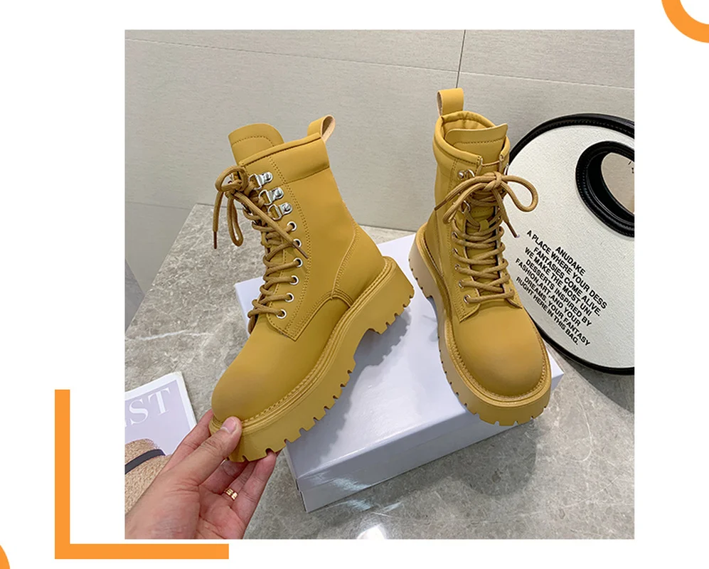 2022 Spring Cow Leather  Boots Female Casual Boots Fashion Preppy Style Women's Shoes Platform Heels Lace-Up New