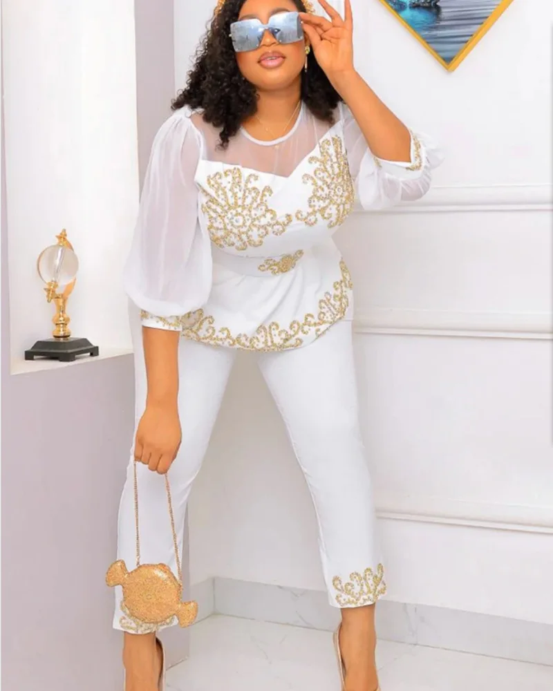 Plus Size Sets Solid Half Sleeve O-Neck  Bubble Sleeve Slim Fitting Suit Plus Size Two Piece Sets Office Lady Elastic Waist