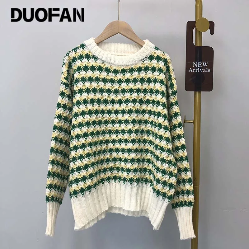 

DUOFAN Women Pullover Sweaters Hollow Furry Imitation Mink Female Knitted Sweater Crew Neck Loose Lady Casual Female Jumpers Top