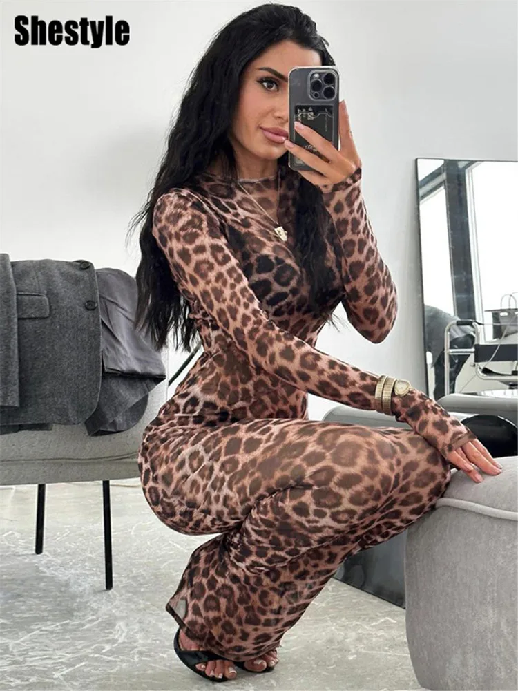 Женское леопардовое длинное платье-карандаш Shestyle с длинным рукавом и круглым