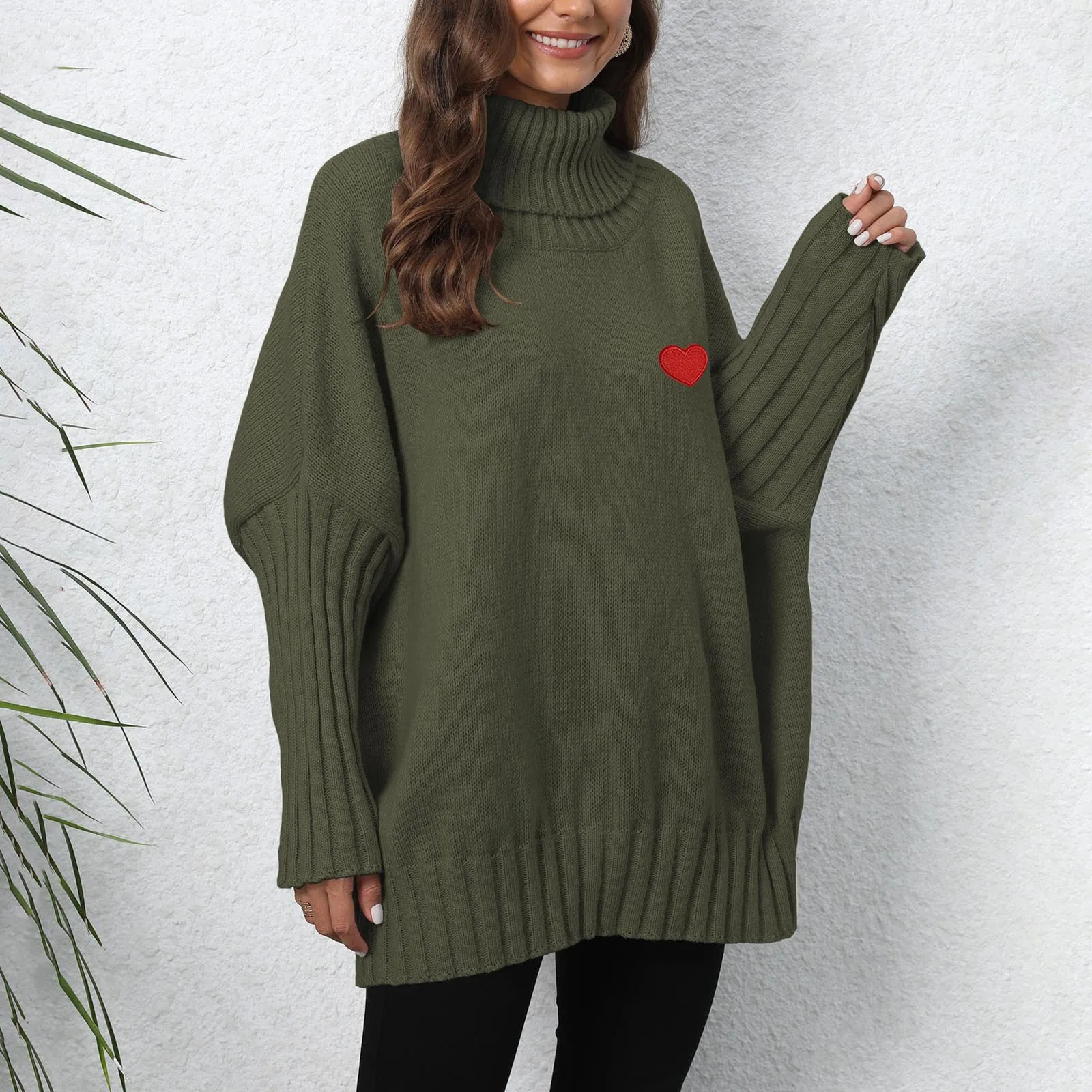 

Women's Pullover Top Women's Knit Solid Color Turtleneck Lapel Loose Woven Love Picture Sweater Women Neck Sweater