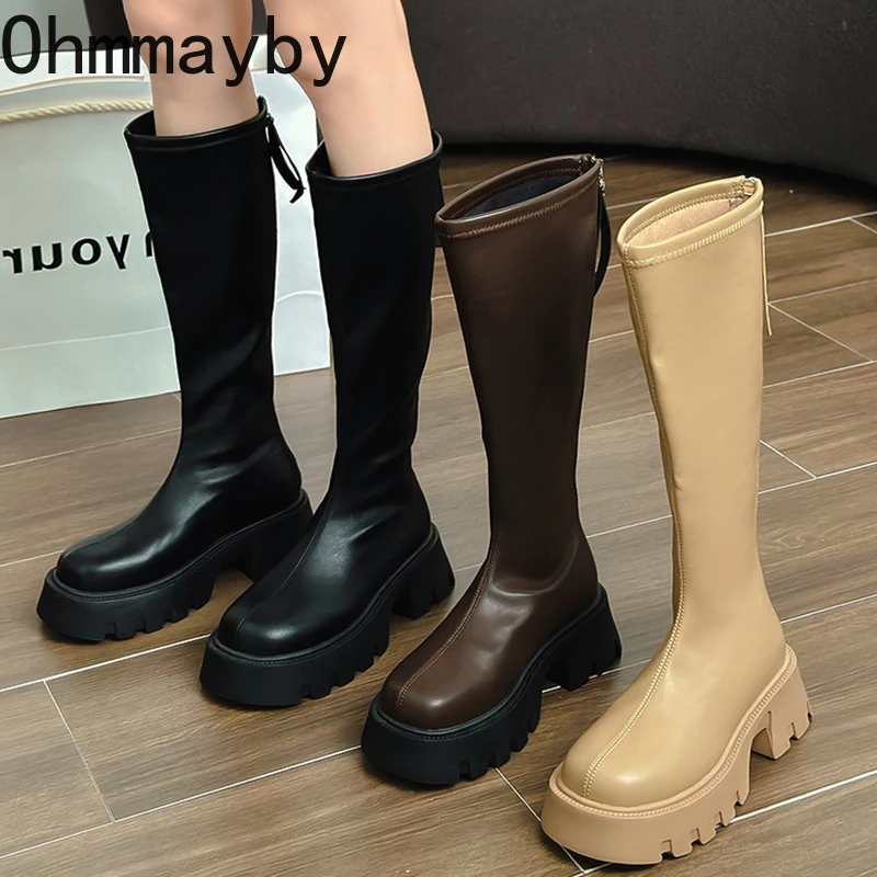 

Winter Women Knee-High-Boots Fashion Back Zippers Thick Bottom Knight Bota Shoes Ladies Comfort Long Booties