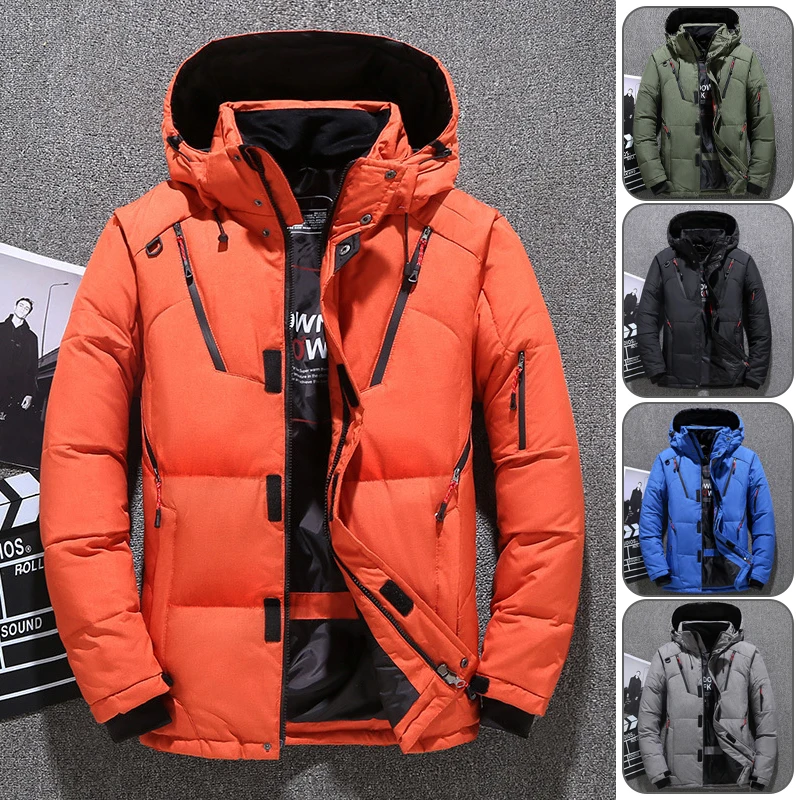 Men's Fashion Down Jacket Winter Outdoor Thickening Short Hooded Zipper Jacket Windproof Waterproof Solid Color Drawstring Parka