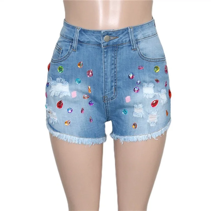 Fashion Colorful Diamond Decoration Denim Shorts Women Casual Mid-waist Straight Three Quarter Pants Ladies Summer Tassels Jeans