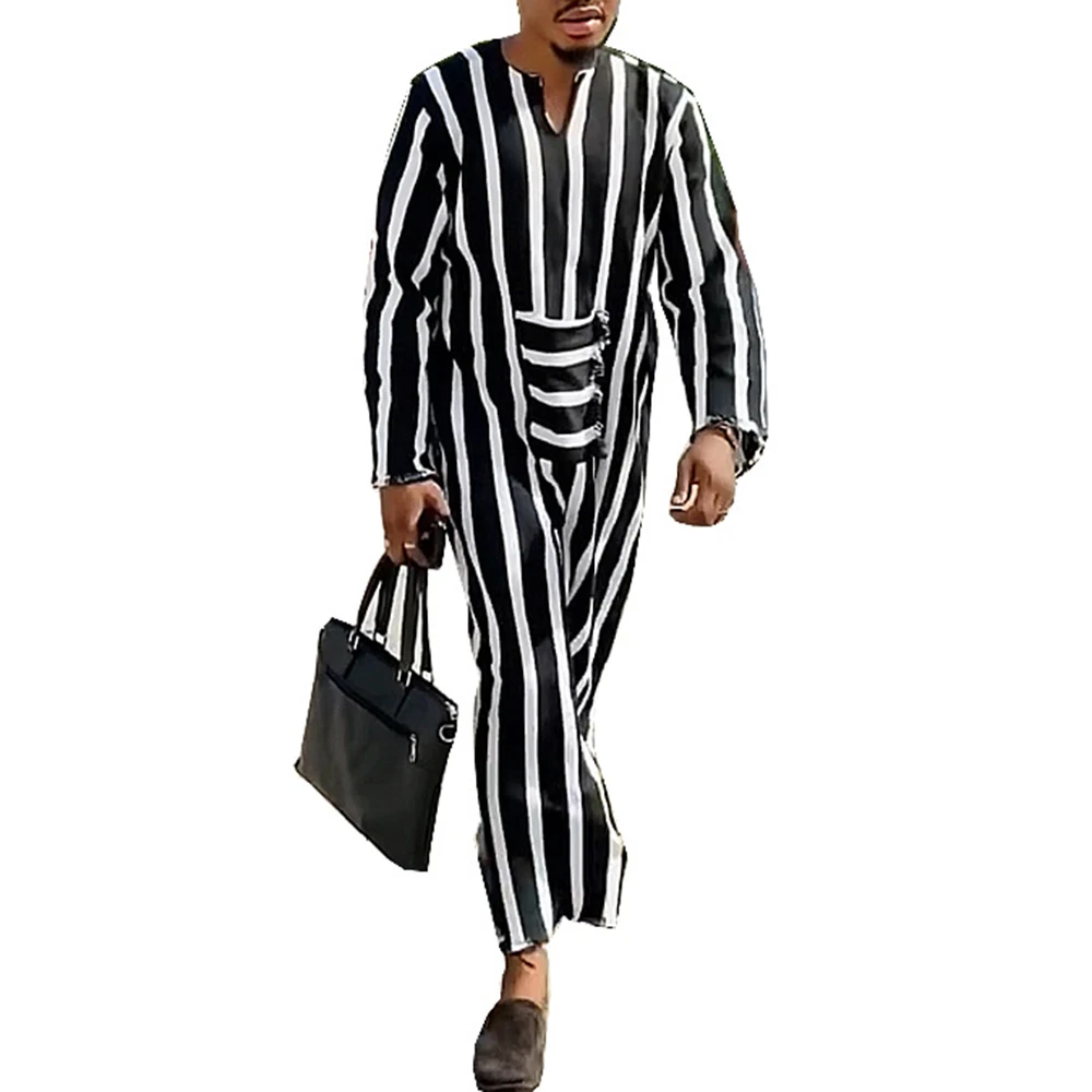 Casual Raw Edge Design Striped Top Muslim Robe Loose Long Sleeves Middle Eastern Arabic Men's Wear Islamic Ethnic Prayer Drees