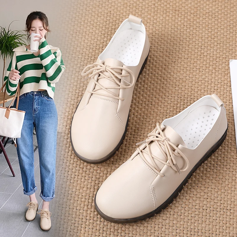 

2022 New Women Oxford Shoes Spring Autumn Flat Casual Shoes British Style Lace Up Leather Shoes Sewing Round Toe Walking Shoe