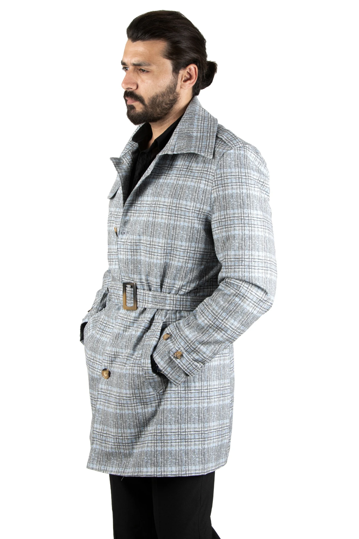 DeepSEA plaid patterned Slim Fit men's trench coat 2204009