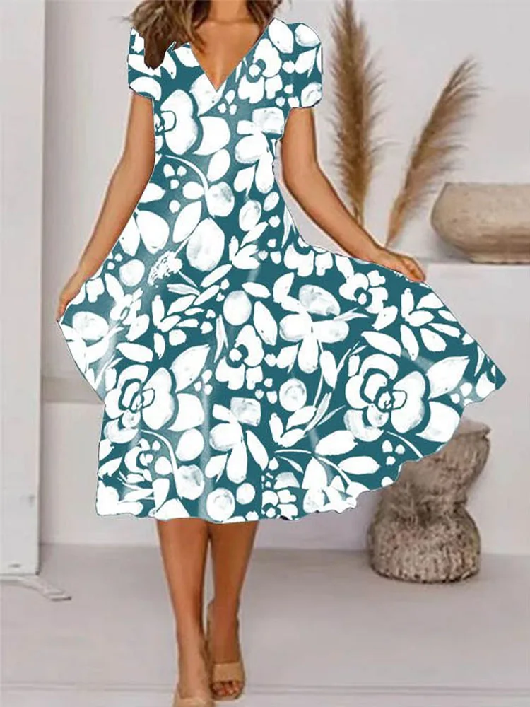 

Женское винтажное платье с цветочным принтом, повседневное ТРАПЕЦИЕВИДНОЕ праздничное платье с V-образным вырезом и коротким рукавом, элег...