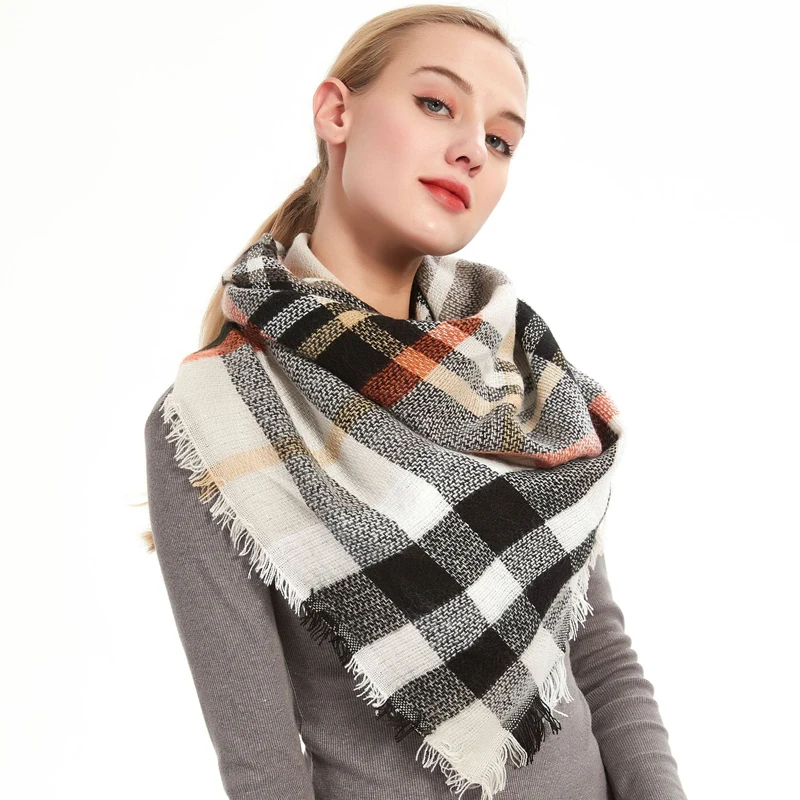 

CHENKIO Women's Warm Long Shawl Winter Wraps Large Scarves Knit Cashmere Feel Plaid Triangle Scarf Lady Tassel Shawl Wraps Hijab
