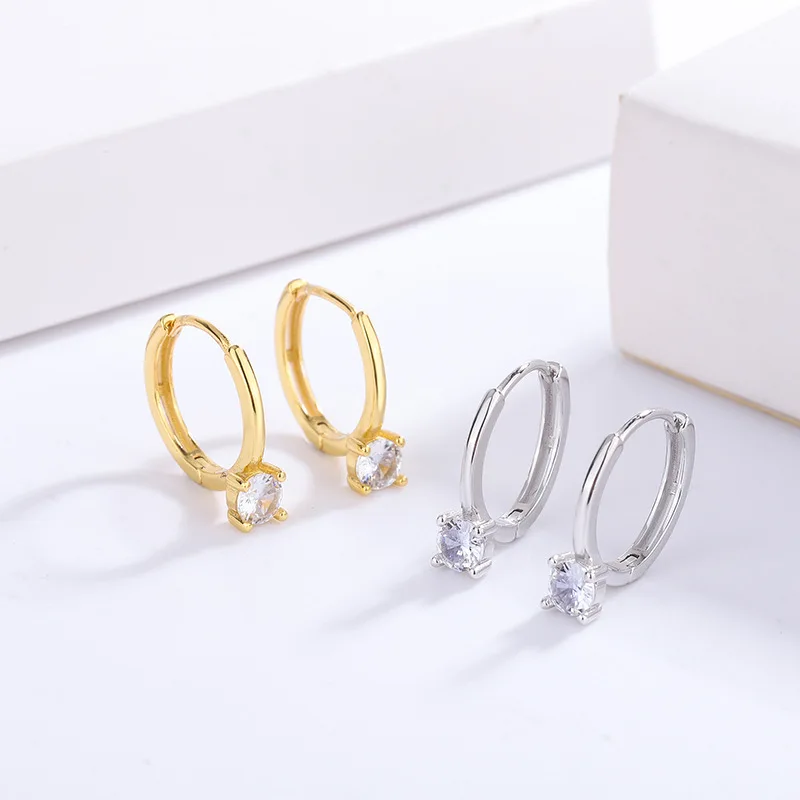 

S925 Sterling Silver Four Claw Inlaid Ear Buckles for Women's Simple Single Diamond Earbone Earrings with Circular Earrings