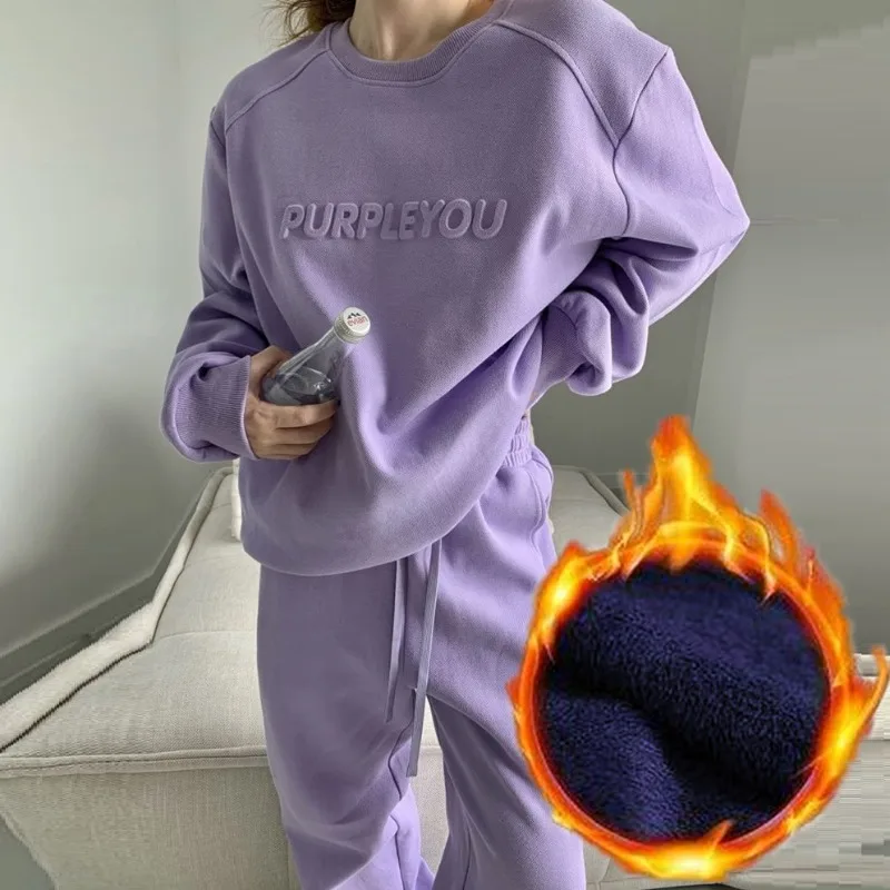 Женский флисовый спортивный костюм с круглым вырезом High Street свободные