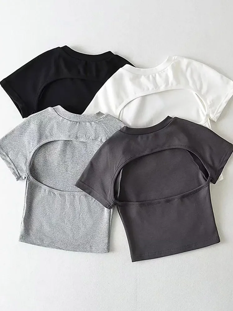 

2023 Сексуальная облегающая футболка с коротким рукавом реглан и открытой спиной