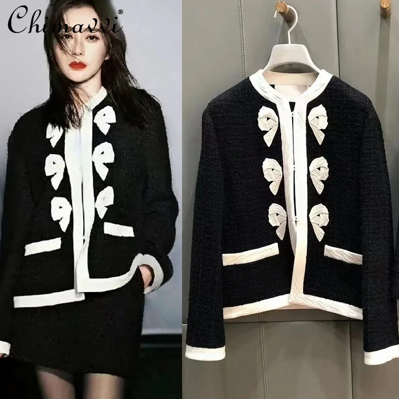 

2022 Spring Clothes New Heavy Retro Embroidered Bow Baggy Coat Fashion Round Neck Long Sleeve Jacket for Women All-Matching