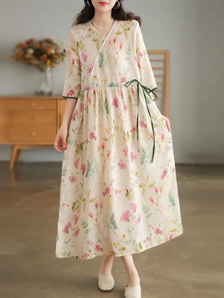 Женское Повседневное платье с V-образным вырезом, Длинное свободное элегантное ТРАПЕЦИЕВИДНОЕ ПЛАТЬЕ с цветочным принтом, в винтажном стиле, модель D515 на лето, 2023