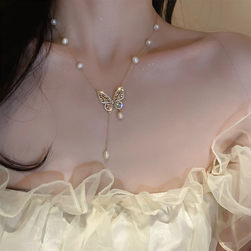 

2022 New Freshwater Pearls Butterfly Necklaces for Women Fashion Chain Kpop Choker Necklaces 2022 Trend Girls Neck Jewelry