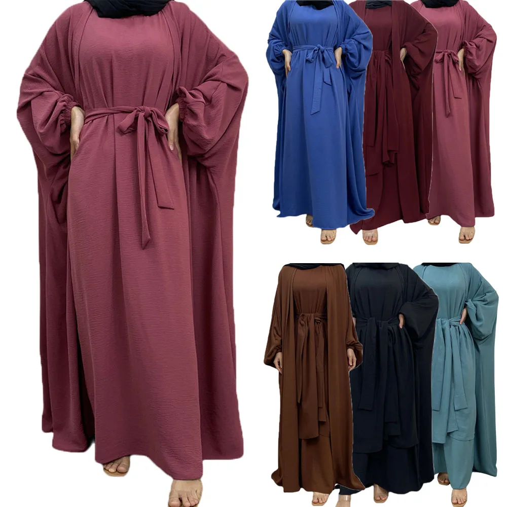 3Pcs Matching Set Women Muslim Abaya Dress Dubai Arab Modest Outfit Islamic Plain Open Abaya Dress Wrap Front Skirt Eid Ramadan