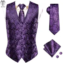 Oi tie coletes de seda dos homens roxo floral jacquard colete gravata lenço abotoaduras colar de ouro conjunto de pinos para os homens vestido terno de casamento (4)