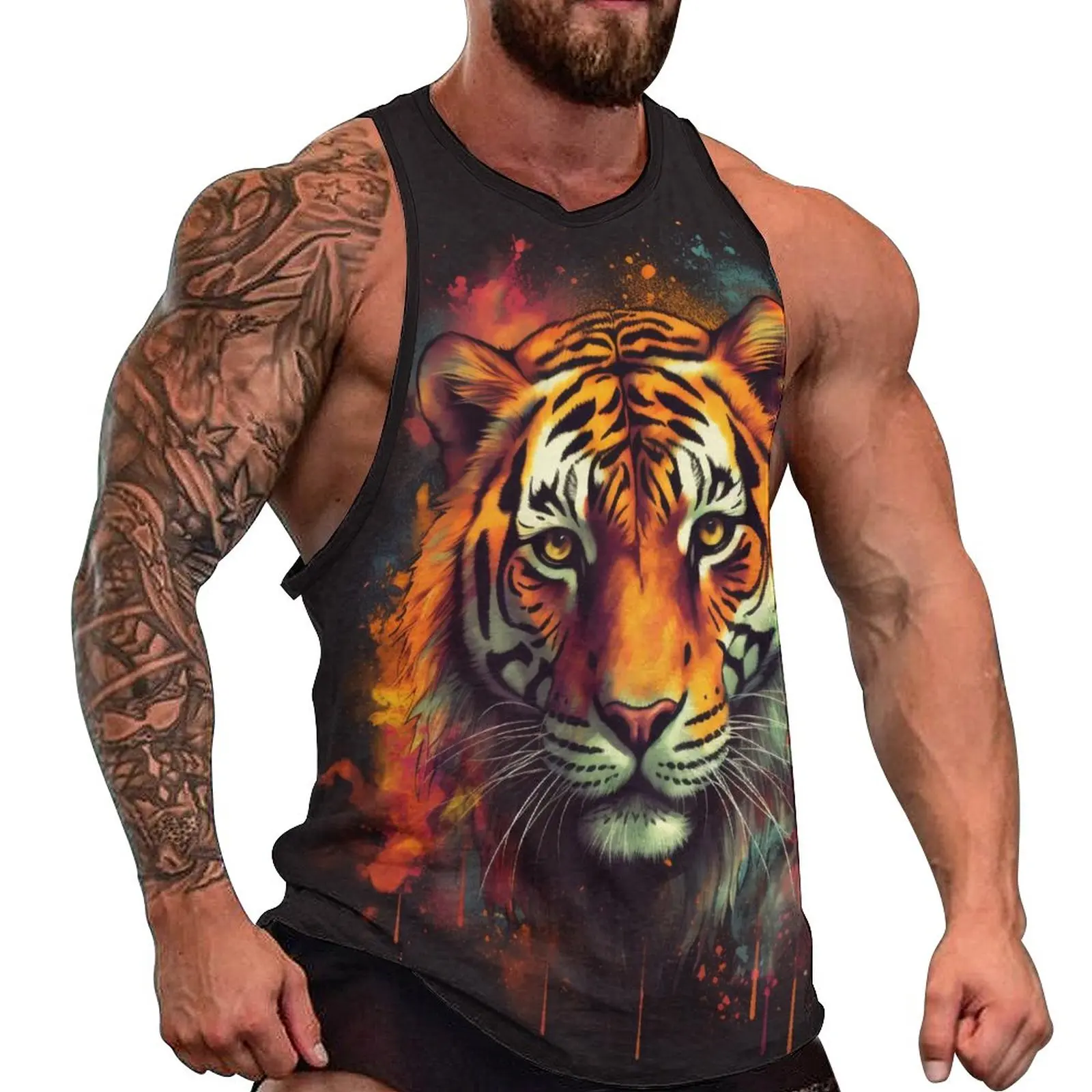 

Tiger Daily Tank Top Multicolor Flames Animal Head Gym Tops Man Custom Trendy Sleeveless Shirts Big Size 4XL 5XL