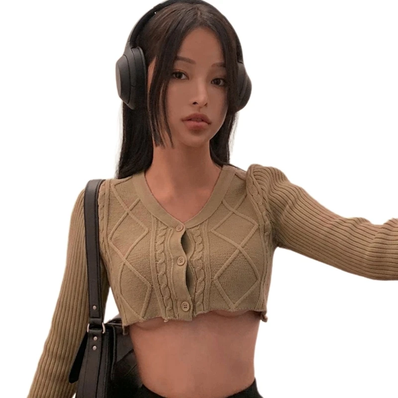 

Women Cropped Cardigan V-Neck Button Down Knitted Sweater Long Sleeve