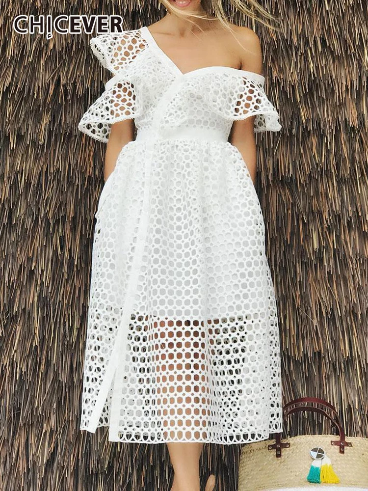 

CHICEVER Plain Dress For Women Diagonal Collar Butterfly Sleeve Hollow Out High Waist Casual Long Dresses Female 2022 Summer New