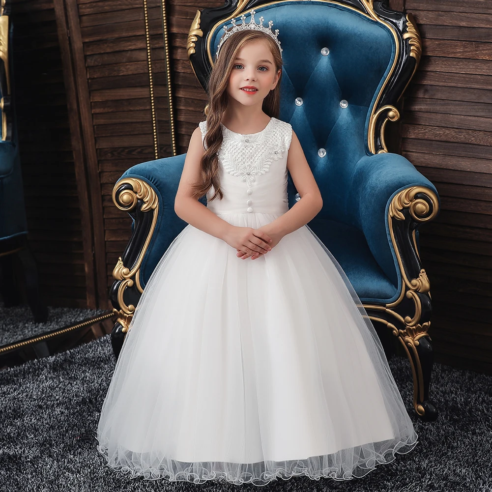 

Graceful White Sleeveless Girl Wedding Dress for Kids Cotton Embroidered Fluffy Girls Birthday Dresses 3-12 Years Old