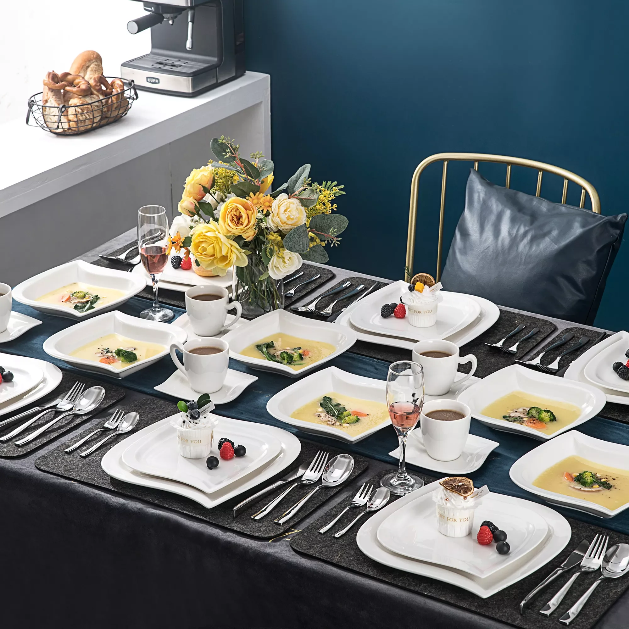 

Elvira 60-Piece White Porcelain Tableware Dinner Set with 12*Cups Saucers Dessert Soup Dinner Plate Set for 12 Person