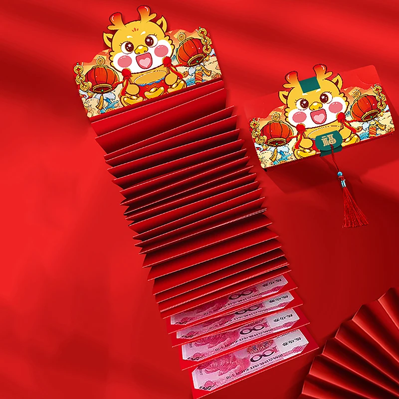 

Красный конверт с 2/6/10 отделениями, украшения для китайского Нового года, 2024 конверт HongBao с изображением дракона, Нового года, весеннего фестиваля, красный пакет