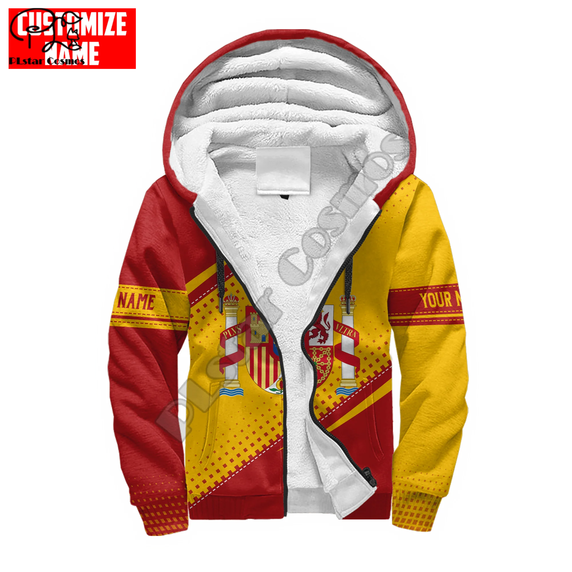 PLstar Cosmos Spain National Emblem 3D Printed Winter Clothing Casual Warm Hood Thick Coat Zipper Man Fleece Hoodies Jacket S24